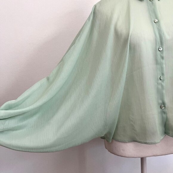 ZARA PASTEL MINT SHEER CHIFFON DOLMAN SLEEVE CROPPED BUTTON DOWN SHIRT -XS - Picture 5 of 10